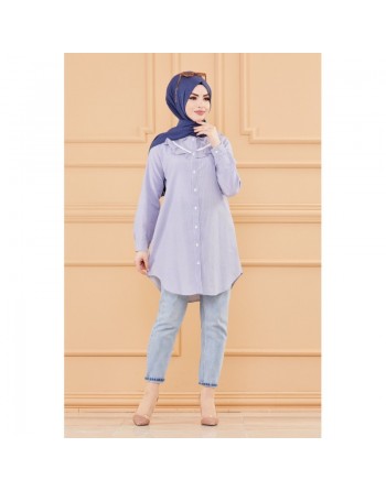 Tunique avec col foufrou (Tuniques pour femmes musulmanes style chic) - Rayures couleur bleu 
