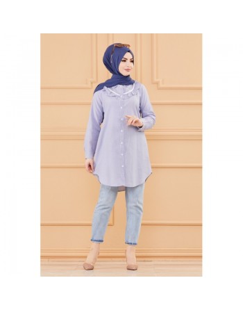 Tunique avec col foufrou (Tuniques pour femmes musulmanes style chic) - Rayures couleur bleu 
