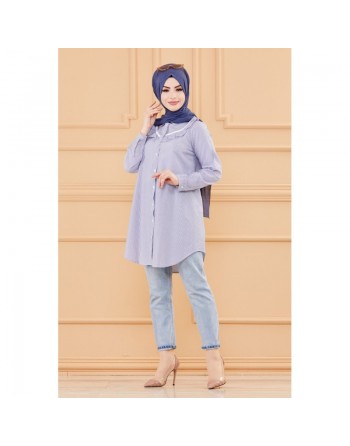 Tunique avec col foufrou (Tuniques pour femmes musulmanes style chic) - Rayures couleur bleu 