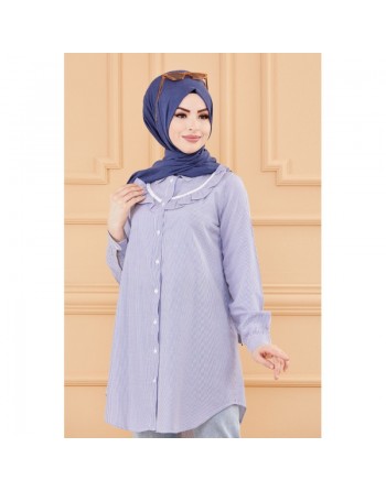Tunique avec col foufrou (Tuniques pour femmes musulmanes style chic) - Rayures couleur bleu 