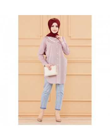 Tunique avec col foufrou (Vêtements femmes musulmanes style habillé) - Rayures couleur bordeaux 