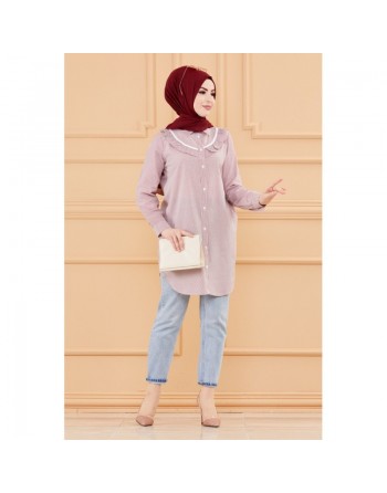 Tunique avec col foufrou (Vêtements femmes musulmanes style habillé) - Rayures couleur bordeaux 
