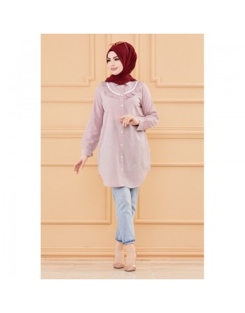 Tunique avec col foufrou (Vêtements femmes musulmanes style habillé) - Rayures couleur bordeaux 