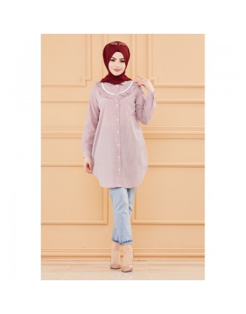 Tunique avec col foufrou (Vêtements femmes musulmanes style habillé) - Rayures couleur bordeaux 