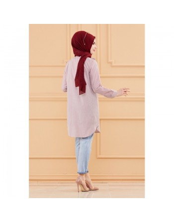 Tunique avec col foufrou (Vêtements femmes musulmanes style habillé) - Rayures couleur bordeaux 