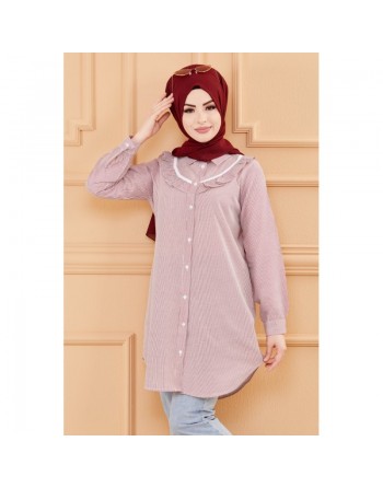 Tunique avec col foufrou (Vêtements femmes musulmanes style habillé) - Rayures couleur bordeaux 