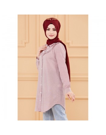 Tunique avec col foufrou (Vêtements femmes musulmanes style habillé) - Rayures couleur bordeaux 