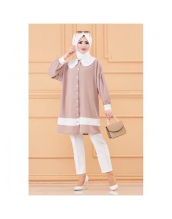 Tunique style habillé pour femme (Vêtement chic pour hijab) - Couleur beige et blanc 