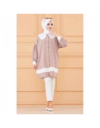 Tunique style habillé pour femme (Vêtement chic pour hijab) - Couleur beige et blanc 