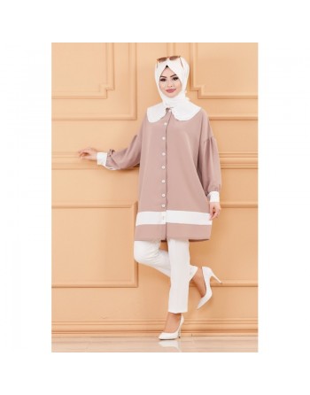 Tunique style habillé pour femme (Vêtement chic pour hijab) - Couleur beige et blanc 