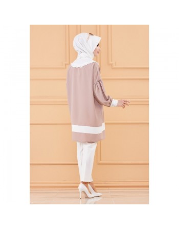Tunique style habillé pour femme (Vêtement chic pour hijab) - Couleur beige et blanc 
