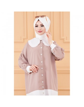 Tunique style habillé pour femme (Vêtement chic pour hijab) - Couleur beige et blanc 