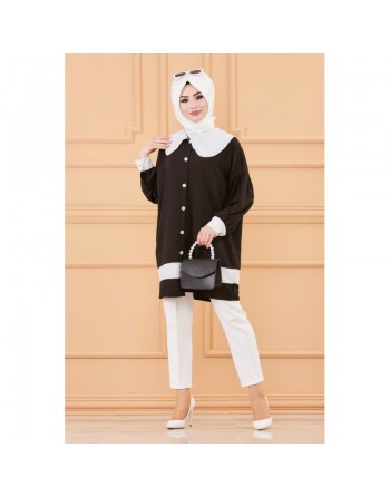 Tunique style habillé (Vêtement chic pour femme voilée) - Couleur noir et blanc 