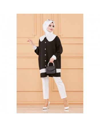Tunique style habillé (Vêtement chic pour femme voilée) - Couleur noir et blanc 