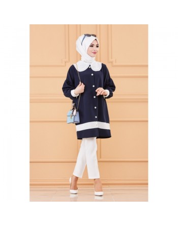 Tunique style habillé pour femme (Vêtement chic pour hijab) - Couleur bleu marine et blanc 