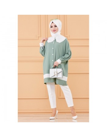 Tunique style habillé (Vêtement chic pour femme voilée) - Couleur vert menthe et blanc 