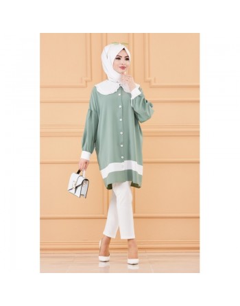Tunique style habillé (Vêtement chic pour femme voilée) - Couleur vert menthe et blanc 