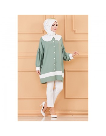 Tunique style habillé (Vêtement chic pour femme voilée) - Couleur vert menthe et blanc 