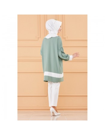 Tunique style habillé (Vêtement chic pour femme voilée) - Couleur vert menthe et blanc 