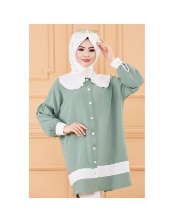 Tunique style habillé (Vêtement chic pour femme voilée) - Couleur vert menthe et blanc 