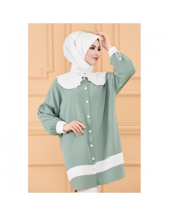 Tunique style habillé (Vêtement chic pour femme voilée) - Couleur vert menthe et blanc 