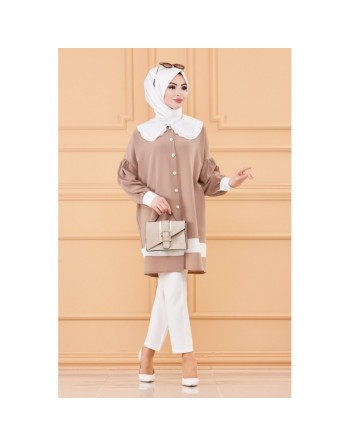 Tunique style habillé (Vêtement chic pour femme voilée) - Couleur taupe et blanc 