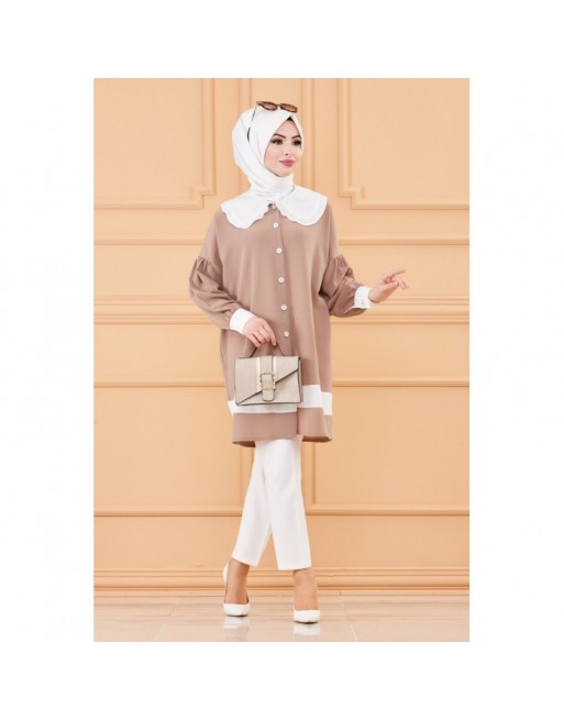 Tunique style habillé (Vêtement chic pour femme voilée) - Couleur taupe et blanc Tunique style habillé (Vêtement chic pour femme voilée) - Couleur taupe et blanc