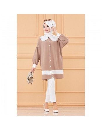 Tunique style habillé (Vêtement chic pour femme voilée) - Couleur taupe et blanc 
