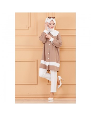 Tunique style habillé (Vêtement chic pour femme voilée) - Couleur taupe et blanc 