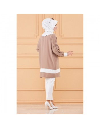 Tunique style habillé (Vêtement chic pour femme voilée) - Couleur taupe et blanc 