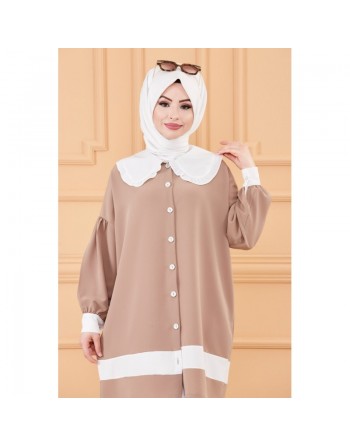 Tunique style habillé (Vêtement chic pour femme voilée) - Couleur taupe et blanc 