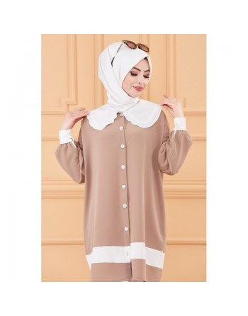 Tunique style habillé (Vêtement chic pour femme voilée) - Couleur taupe et blanc 