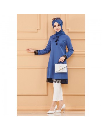 Tunique habillée avec dentelle pour femme (Tenue hijab classique) - Couleur bleu indigo 