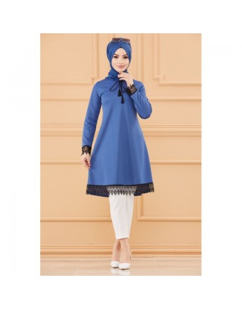 Tunique habillée avec dentelle pour femme (Tenue hijab classique) - Couleur bleu indigo 