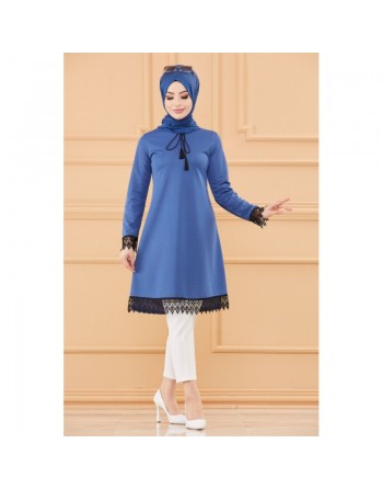 Tunique habillée avec dentelle pour femme (Tenue hijab classique) - Couleur bleu indigo 