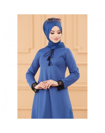 Tunique habillée avec dentelle pour femme (Tenue hijab classique) - Couleur bleu indigo 