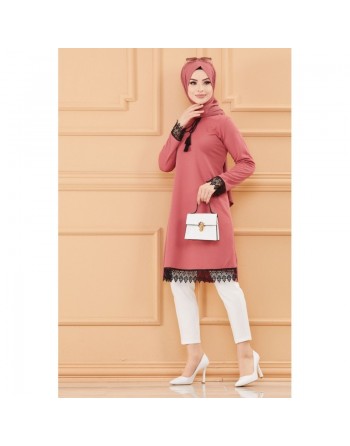 Tunique habillée avec dentelle (Tenue femme pour hijab) - Couleur rose 