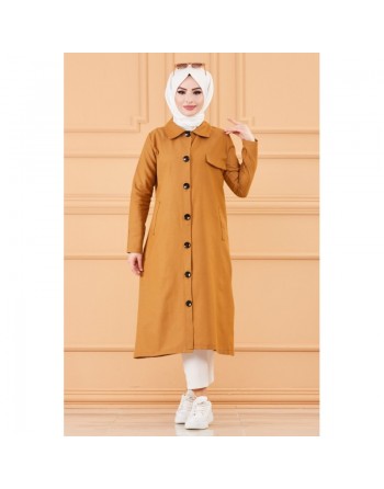 Trench femme - Veste longue (Vetement hijab pour musulmane) - Couleur moutarde-tabac 