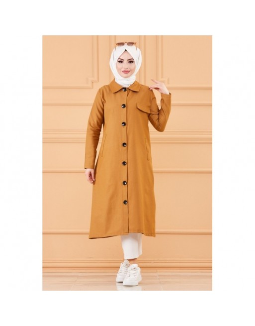 Trench femme - Veste longue (Vetement hijab pour musulmane) - Couleur moutarde-tabac Trench femme - Veste longue (Vetement hijab pour musulmane) - Couleur moutarde-tabac