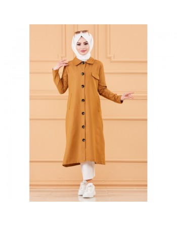 Trench femme - Veste longue (Vetement hijab pour musulmane) - Couleur moutarde-tabac 