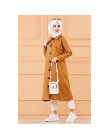 Trench femme - Veste longue (Vetement hijab pour musulmane) - Couleur moutarde-tabac 
