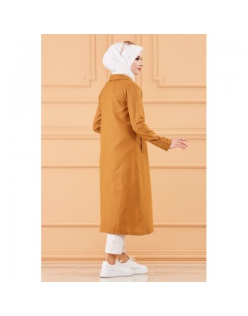 Trench femme - Veste longue (Vetement hijab pour musulmane) - Couleur moutarde-tabac 