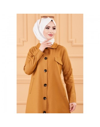 Trench femme - Veste longue (Vetement hijab pour musulmane) - Couleur moutarde-tabac 