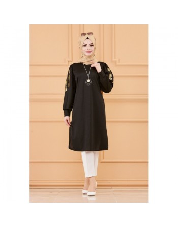 Tunique longue avec dorures (Vêtement pas cher pour femme voilée) - Couleur noir 