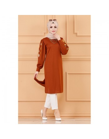 Tunique longue avec dorures pour femme (Vetement pour Hijab, hidjab ou hijeb en ligne) - Couleur brique 