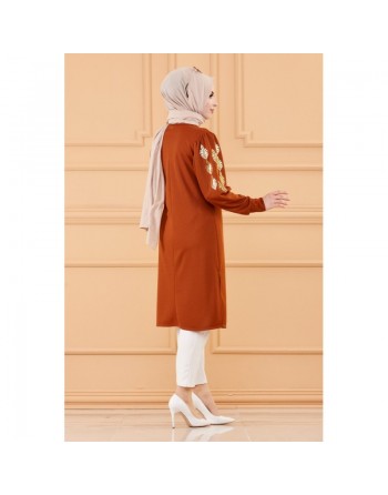 Tunique longue avec dorures pour femme (Vetement pour Hijab, hidjab ou hijeb en ligne) - Couleur brique 