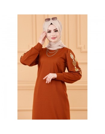 Tunique longue avec dorures pour femme (Vetement pour Hijab, hidjab ou hijeb en ligne) - Couleur brique 
