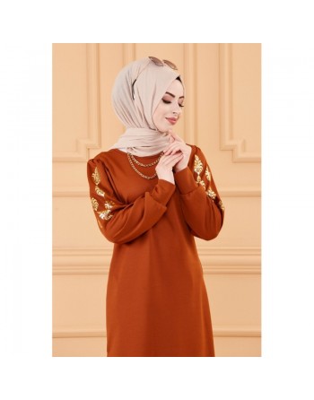 Tunique longue avec dorures pour femme (Vetement pour Hijab, hidjab ou hijeb en ligne) - Couleur brique 