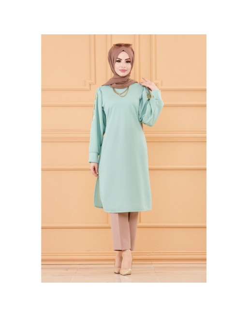 Tunique longue avec dorures (Vetement femme hijab moderne) - Couleur menthe Tunique longue avec dorures (Vetement femme hijab moderne) - Couleur menthe