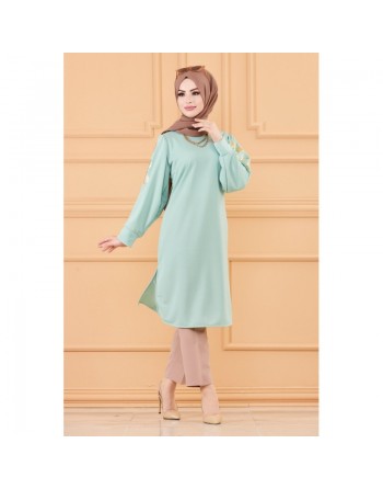 Tunique longue avec dorures (Vetement femme hijab moderne) - Couleur menthe 